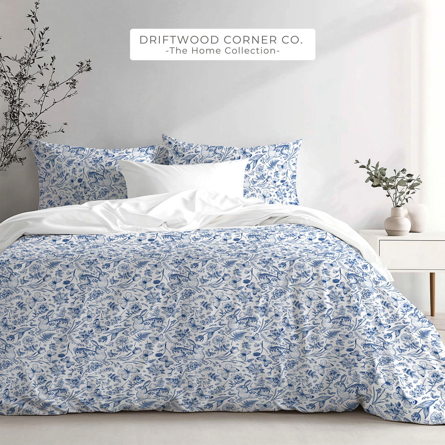 Blue French Rabbit Toile Chinoiserie Spring Duvet Cover