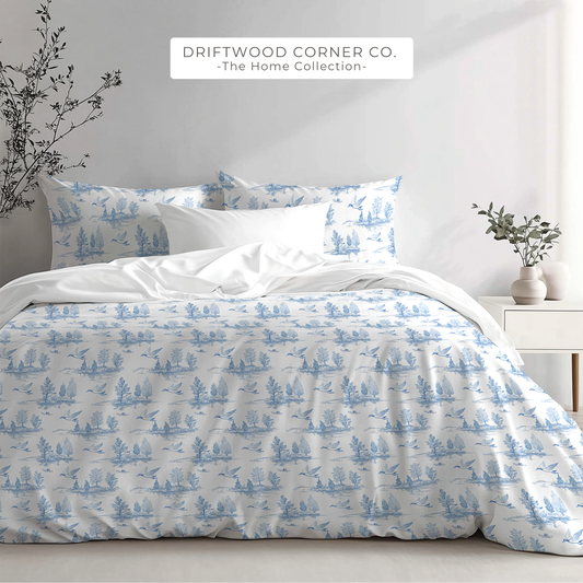 Blue Sketched Lake Scenery Duvet Cover