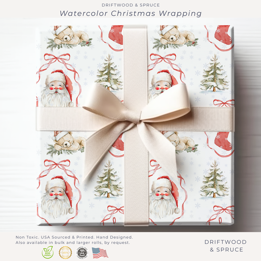Christmas Watercolor Wrapping Paper, Watercolor Teddy Bears & Santa Christmas Gift Wrap, Holiday Present Packaging, Traditional Christmas