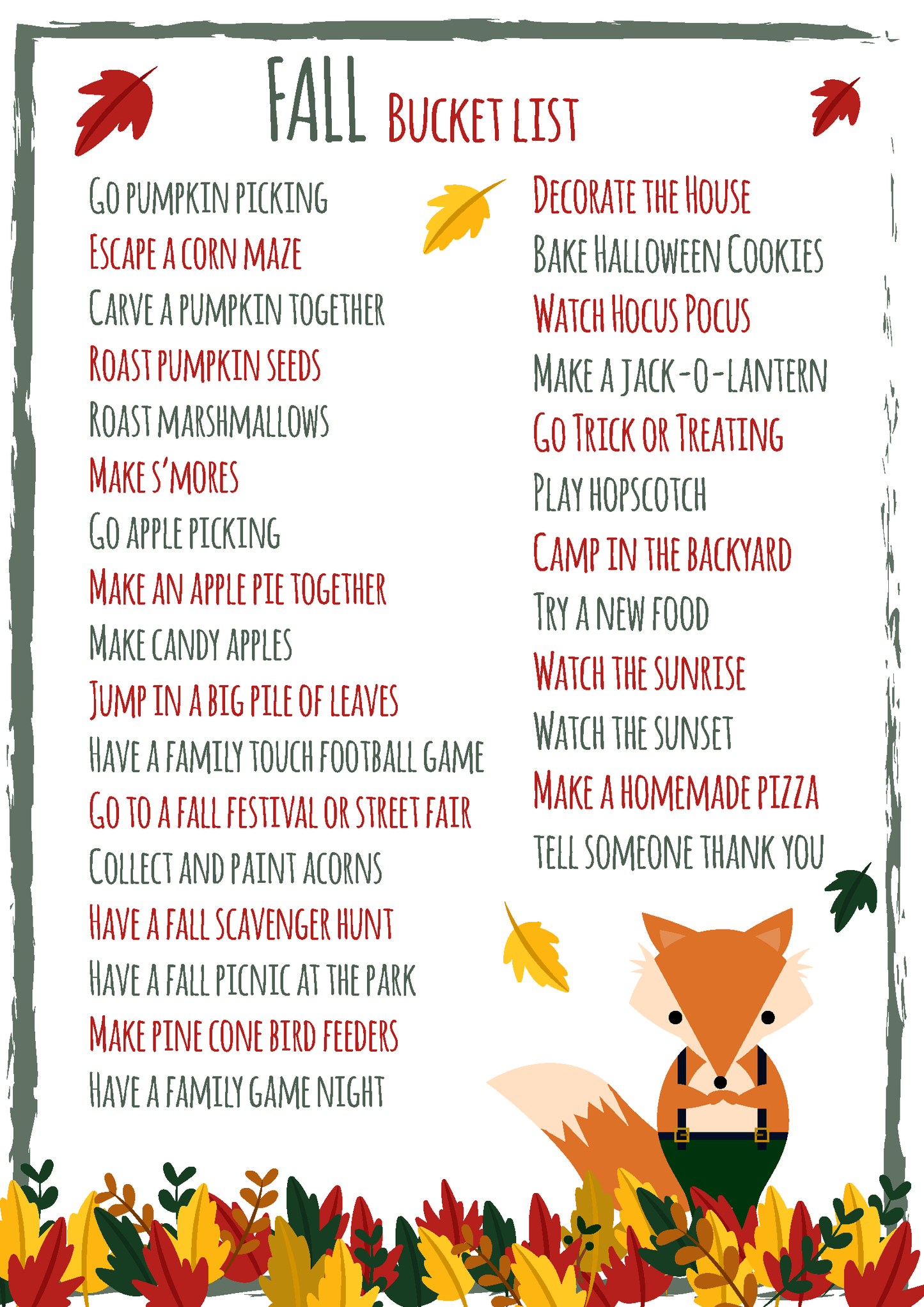 Free Fall Bucket List Printable!