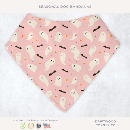 Halloween Pink Ghosts and Bats Dog Bandana, Halloween Dog Apparel, Trick or Treat, Dog Costume, Spooky Pet Neckwear, Halloween Dog