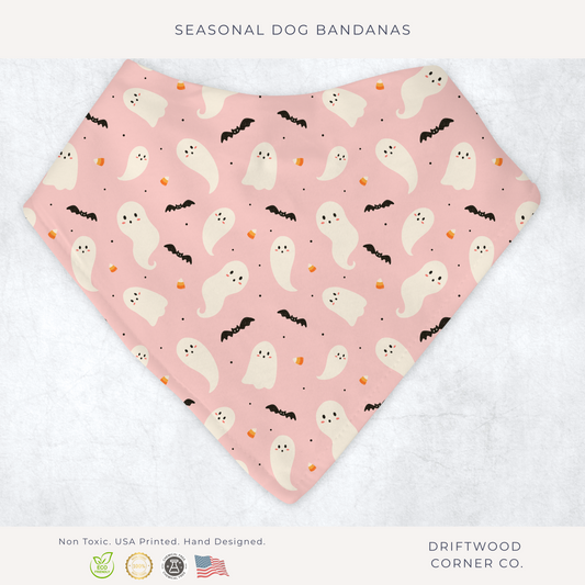 Halloween Pink Ghosts and Bats Dog Bandana, Halloween Dog Apparel, Trick or Treat, Dog Costume, Spooky Pet Neckwear, Halloween Dog