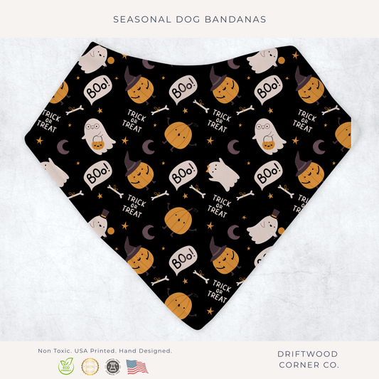 Halloween Pumpkins and Ghosts Dog Bandana, Halloween Dog Apparel, Trick or Treat, Dog Costume, Spooky, Halloween Dog