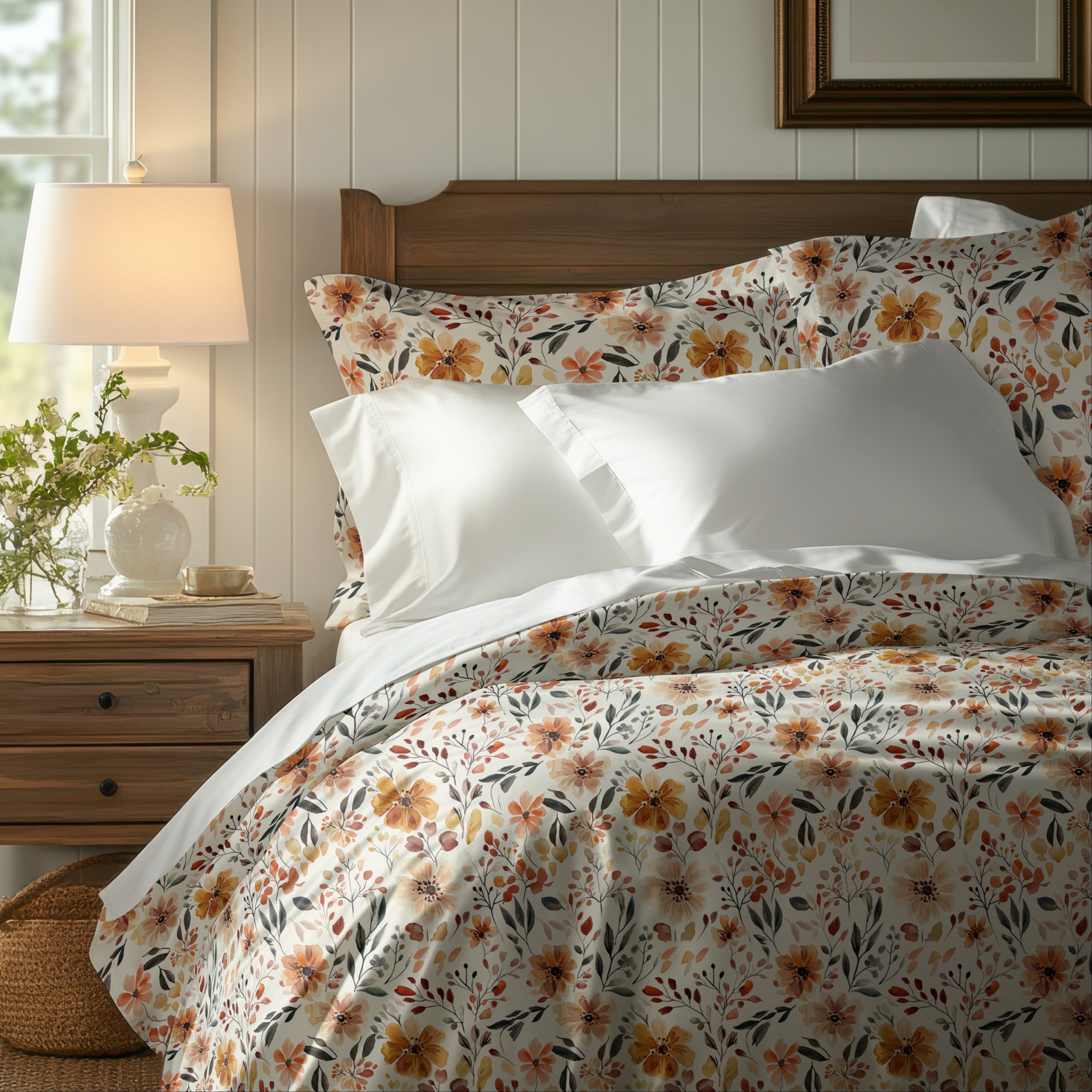 Floral bedding on a bed in a bedroom with a lamp and window.