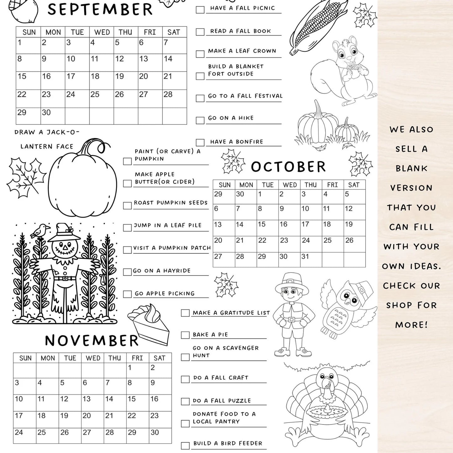 Wall Calendar for Kids, Bucket List, Fall Seasonal Bucket List, Fall Calendar, Seasonal Calendar for Kids, Coloring Calendar