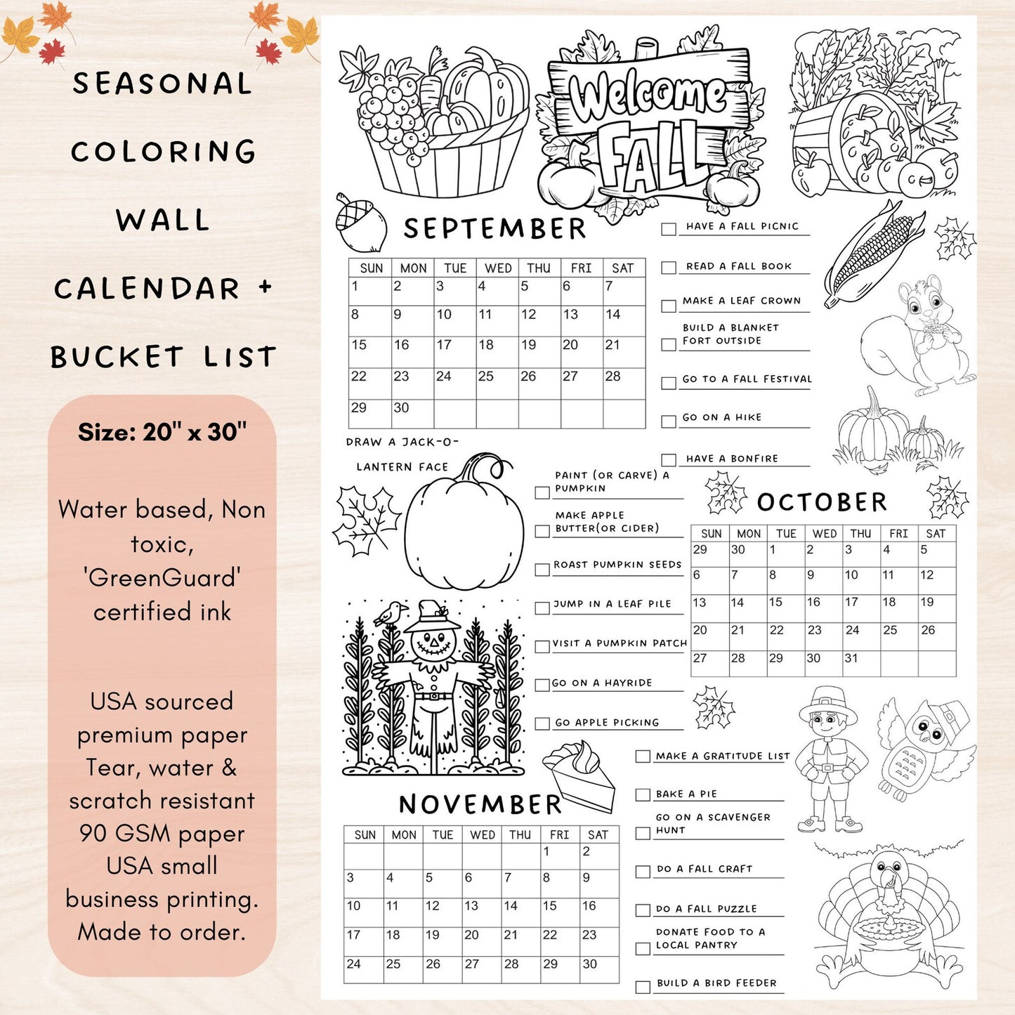 Wall Calendar for Kids, Bucket List, Fall Seasonal Bucket List, Fall Calendar, Seasonal Calendar for Kids, Coloring Calendar