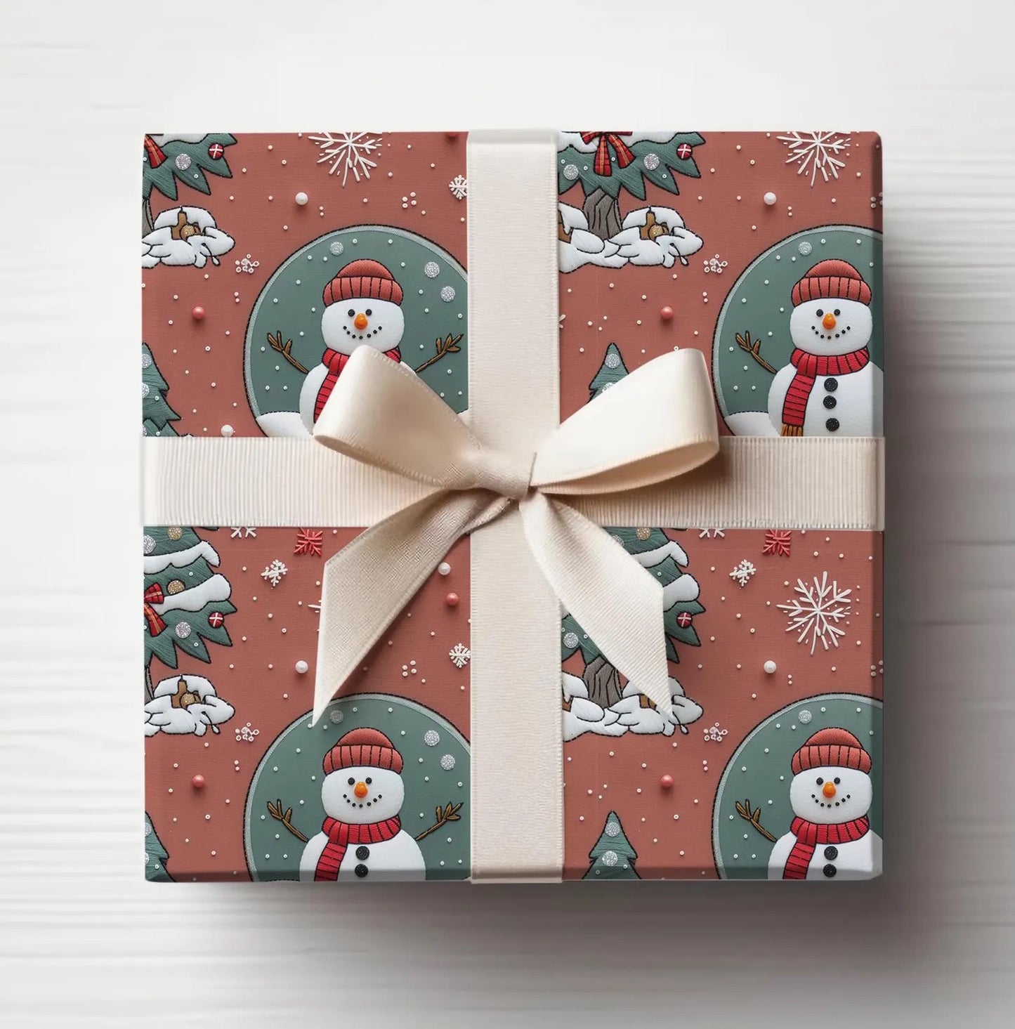 Faux Embroidered Snow Globe Christmas Wrapping Paper