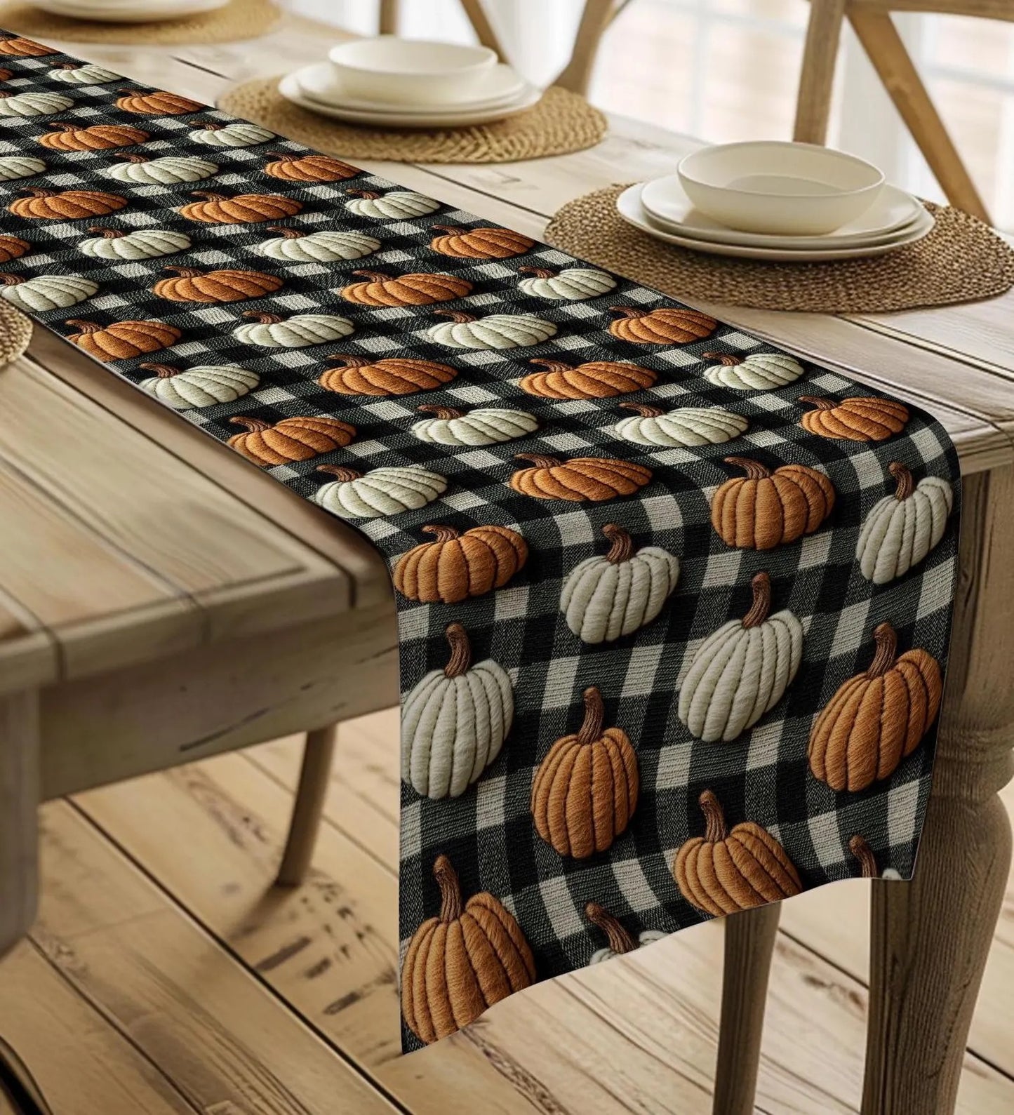 Fall Pumpkin Plaid Table Runner