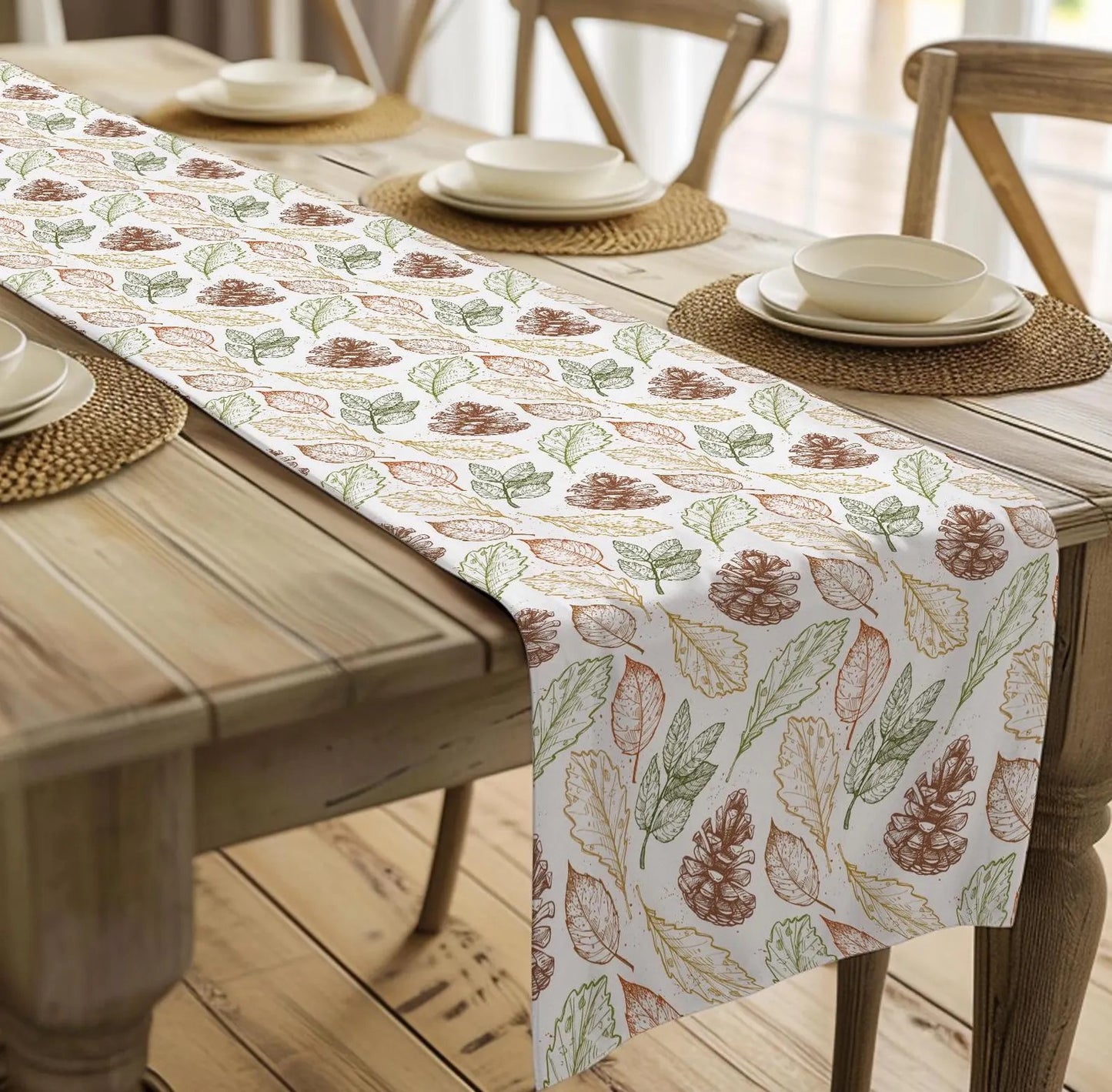 Fall Harvest Leaves and Pinecones Table Runner