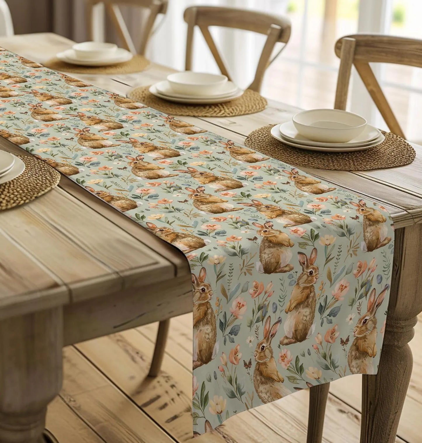 Easter Rabbits Table Runner, Custom Easter Table Runner, Easter Tablecloth, Spring Table Decor, Cottage Easter Dining Cloth