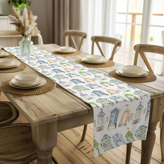 Watercolor Hand Drawn Beach Hut Summer Table Runner