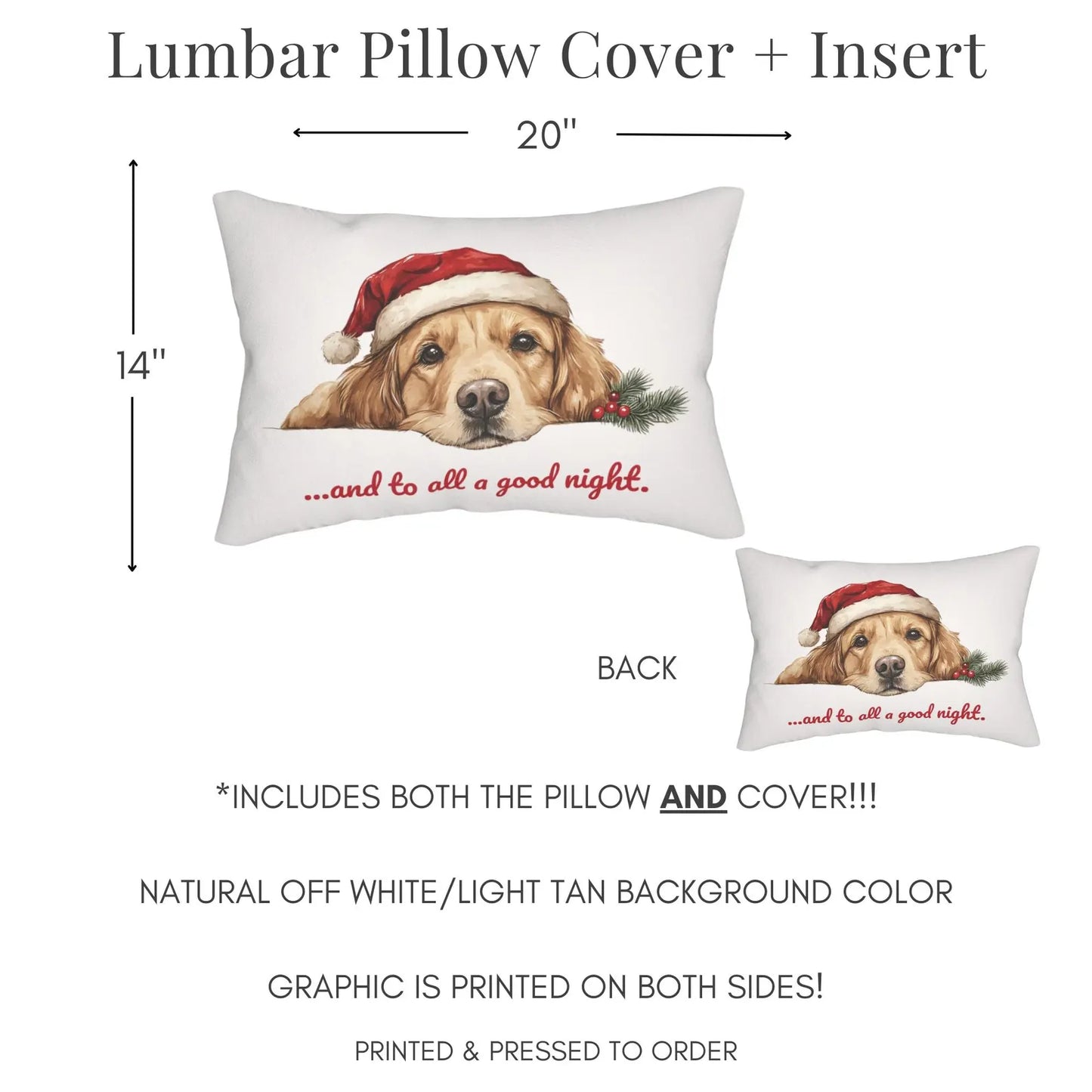 Golden Retriever Christmas Lumbar Pillow & Cover, Oversized Polyester Lumbar Pillow and Cover, Christmas Decor, Golden Retriever Christmas