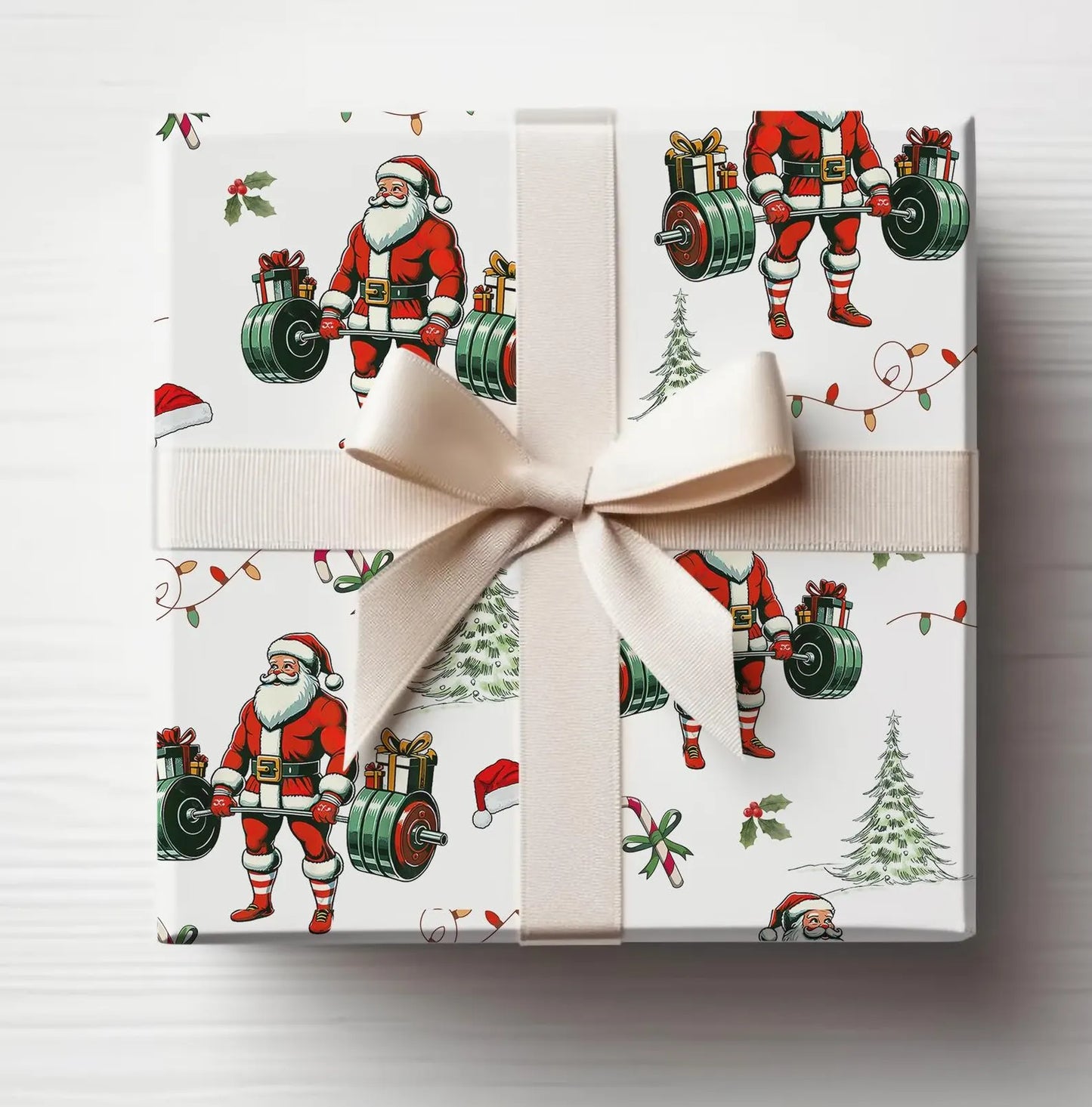 Weightlifting Santa Christmas Wrapping Paper