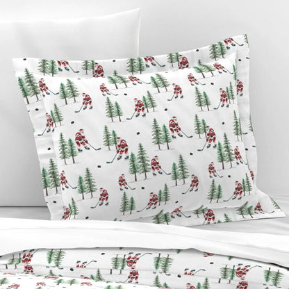Hockey Santa Pillow Sham, Hockey Pillowcase, Christmas Bedding, Holiday Home, Christmas Gift for Hockey Fan, Winter Pillow Cover