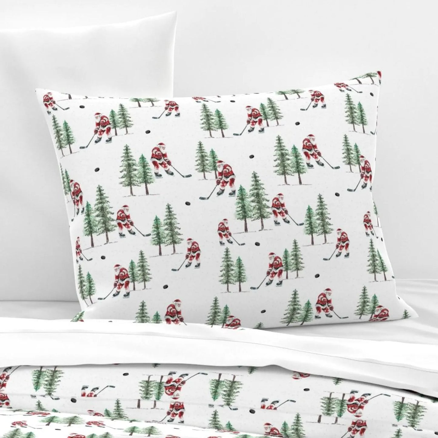 Hockey Santa Pillow Sham, Hockey Pillowcase, Christmas Bedding, Holiday Home, Christmas Gift for Hockey Fan, Winter Pillow Cover