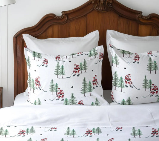 Hockey Santa Pillow Sham, Hockey Pillowcase, Christmas Bedding, Holiday Home, Christmas Gift for Hockey Fan, Winter Pillow Cover