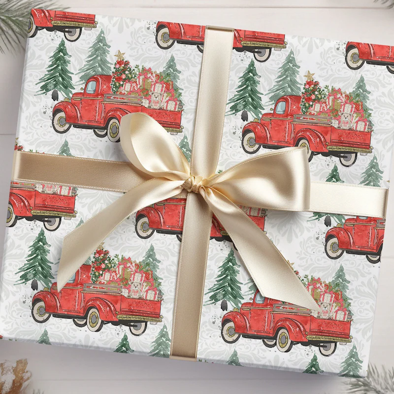 Watercolor Red Truck Christmas Wrapping Paper