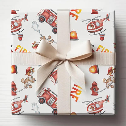 Fire Department Birthday Wrapping Paper, Fire Trucks Gift Wrap Roll, Birthday Gift Wrap, Gifts for Kids, Firehouse, Fire Dog