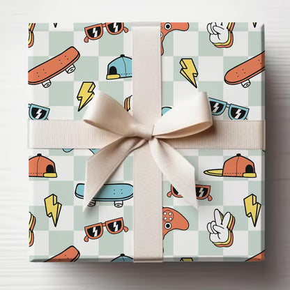 Retro Boy Birthday Wrapping Paper, Video Games, Skateboard Gift Wrap Roll, Birthday Gift Wrap, Gifts for Kids