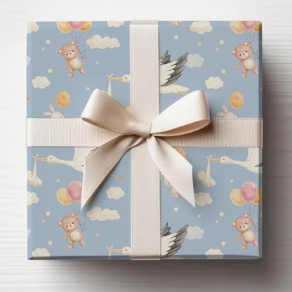 Baby Shower Wrapping Paper, New Baby, Baby Gift, Stork, Teddy Bear, Gifts for Kids, Gift wrap, Celebrations