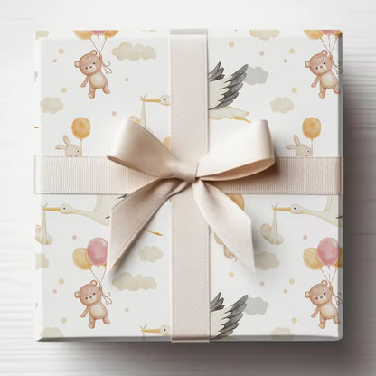 Baby Shower Wrapping Paper, New Baby, Baby Gift, Stork, Teddy Bear, Gifts for Kids, Gift wrap, Celebrations