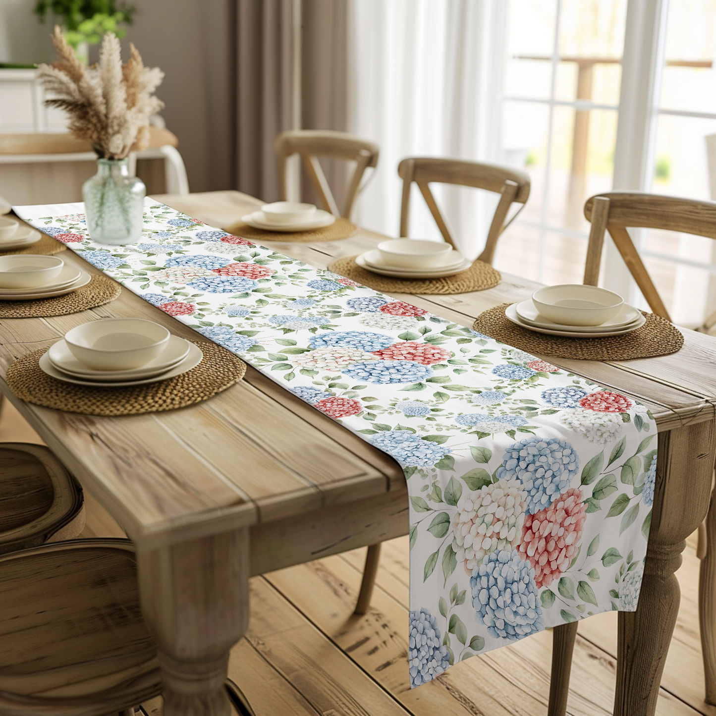 Watercolor Patriotic Hydrangea Summer Table Runner