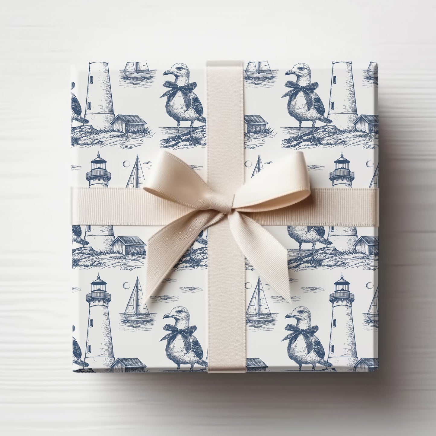 Summer Navy Seagull & Lighthouse Sketched Line Art