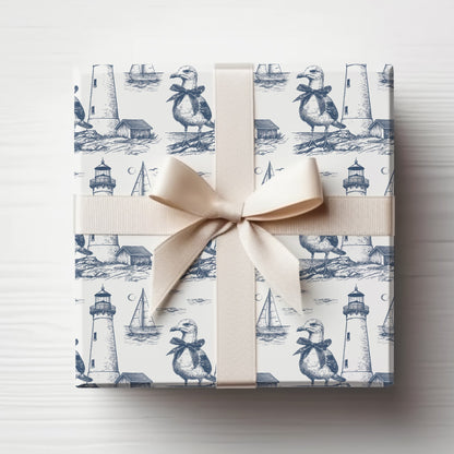 Summer Navy Seagull & Lighthouse Sketched Line Art