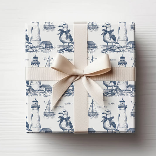 Summer Navy Seagull & Lighthouse Sketched Line Art