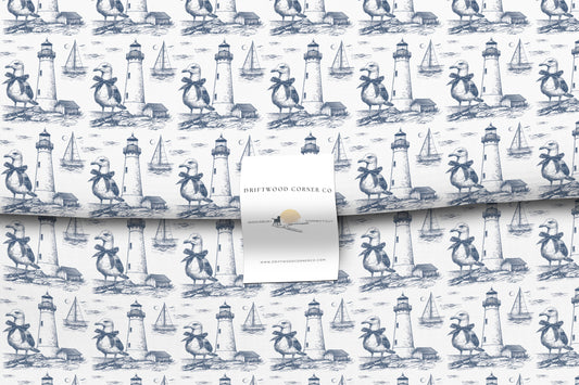 Summer Navy Seagull & Lighthouse Sketched Line Art Fabric by the Yard, Hand-Designed Premium Combed Cotton Pima