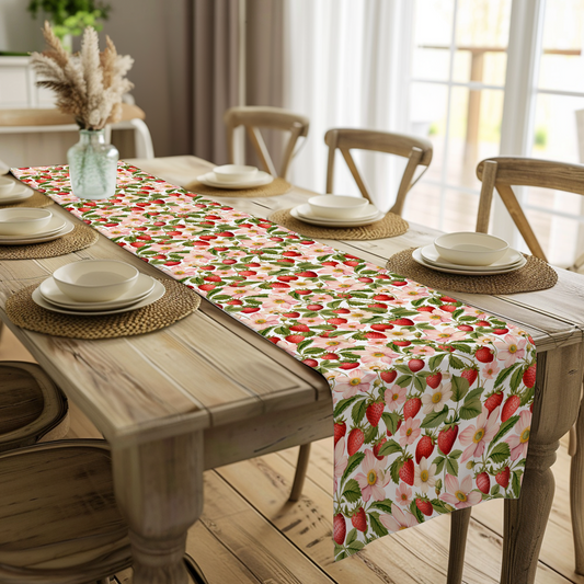 Summer Strawberry & Pink Flowers Table Runner