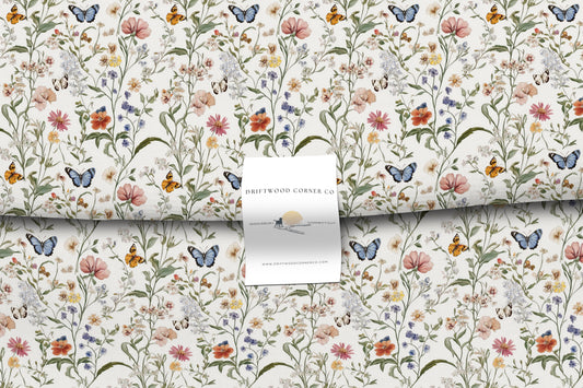 Wildflower & Butterfly Fabric by the Yard, Hand-Designed Premium Combed Cotton Pima for Sewing Projects, DIY Craft Supplies